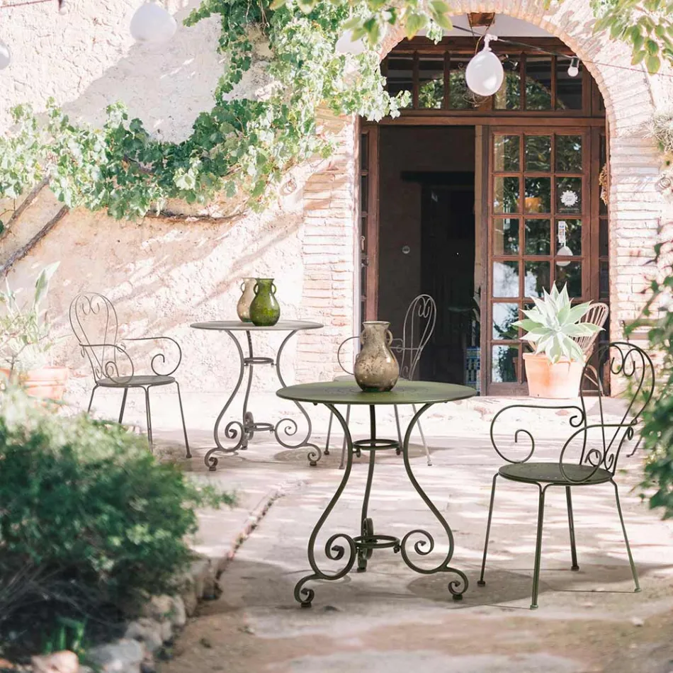 Mesa redonda de jardim estilo Shabby Chich em aço pintado - Encantamento Viadurini