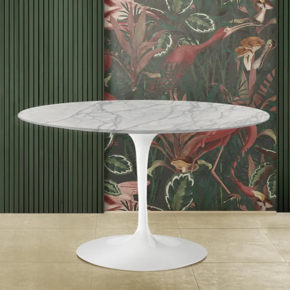 Mesa Tulipa Eero Saarinen H 73 com tampo redondo em mármore Statuarietto Carrara Viadurini