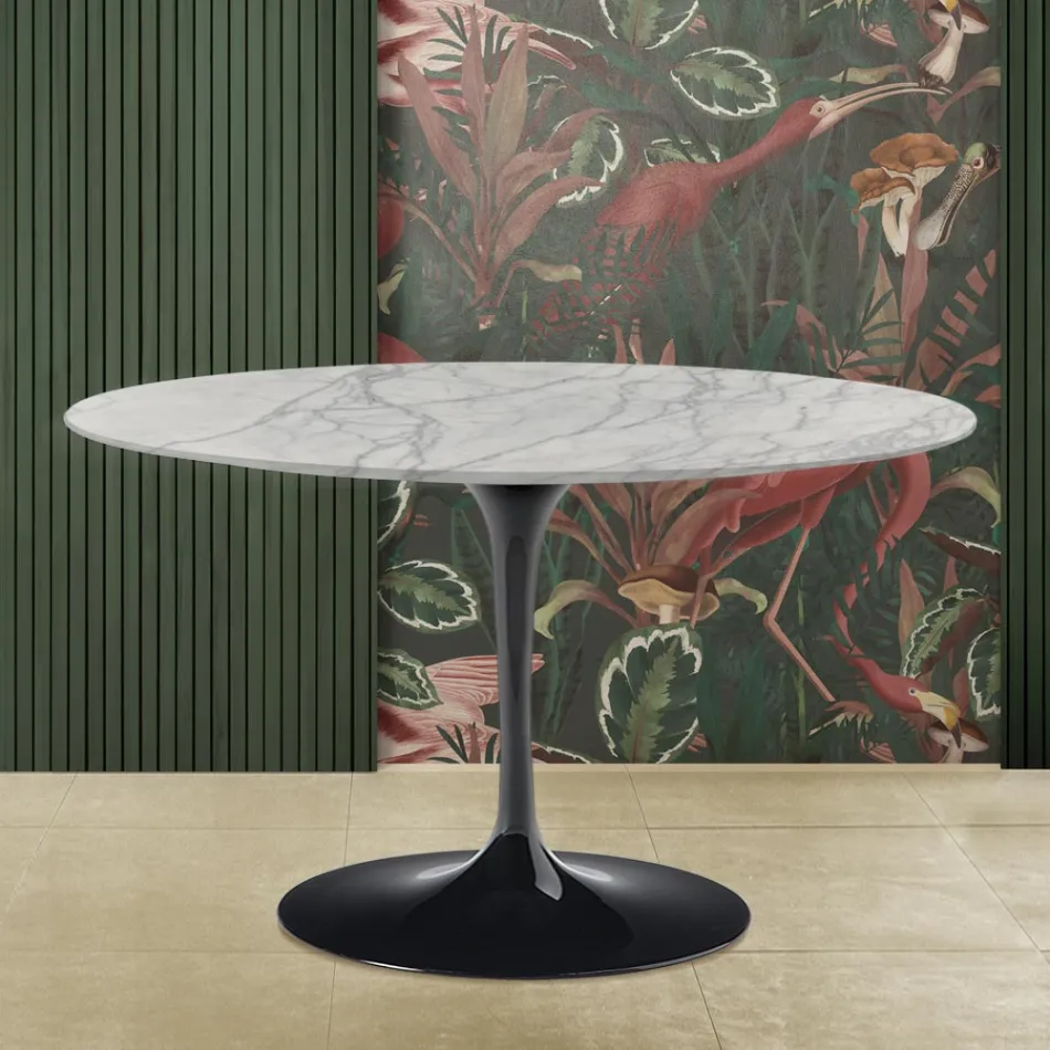 Mesa Tulipa Eero Saarinen H 73 com tampo redondo em mármore Statuarietto Carrara Viadurini