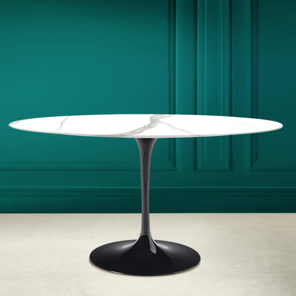 Mesa Tulipa Eero Saarinen H 73 Oval em cerâmica Calacatta Michelangelo Viadurini