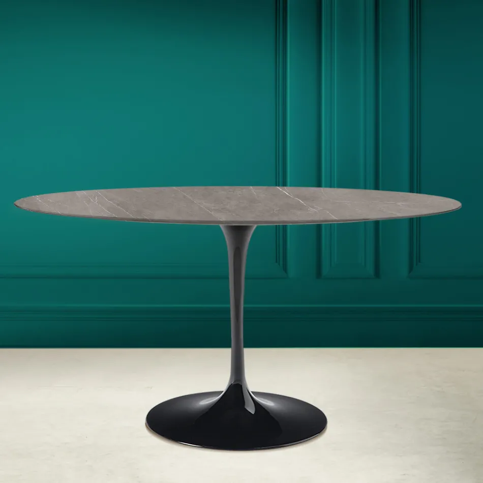 Mesa Tulipa Eero Saarinen H 73 Oval em cerâmica Pietra Grey Made in Italy - Escarlate Viadurini