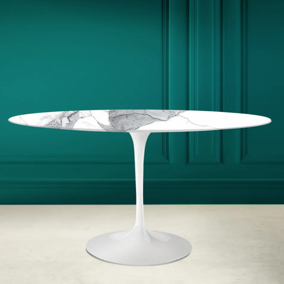 Mesa Tulipa Eero Saarinen H 73 Oval em cerâmica Statuario Altissimo Made in Italy - Escarlate Viadurini