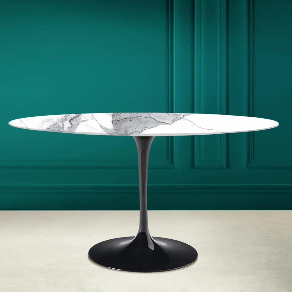 Mesa Tulipa Eero Saarinen H 73 Oval em cerâmica Statuario Altissimo Made in Italy - Escarlate Viadurini