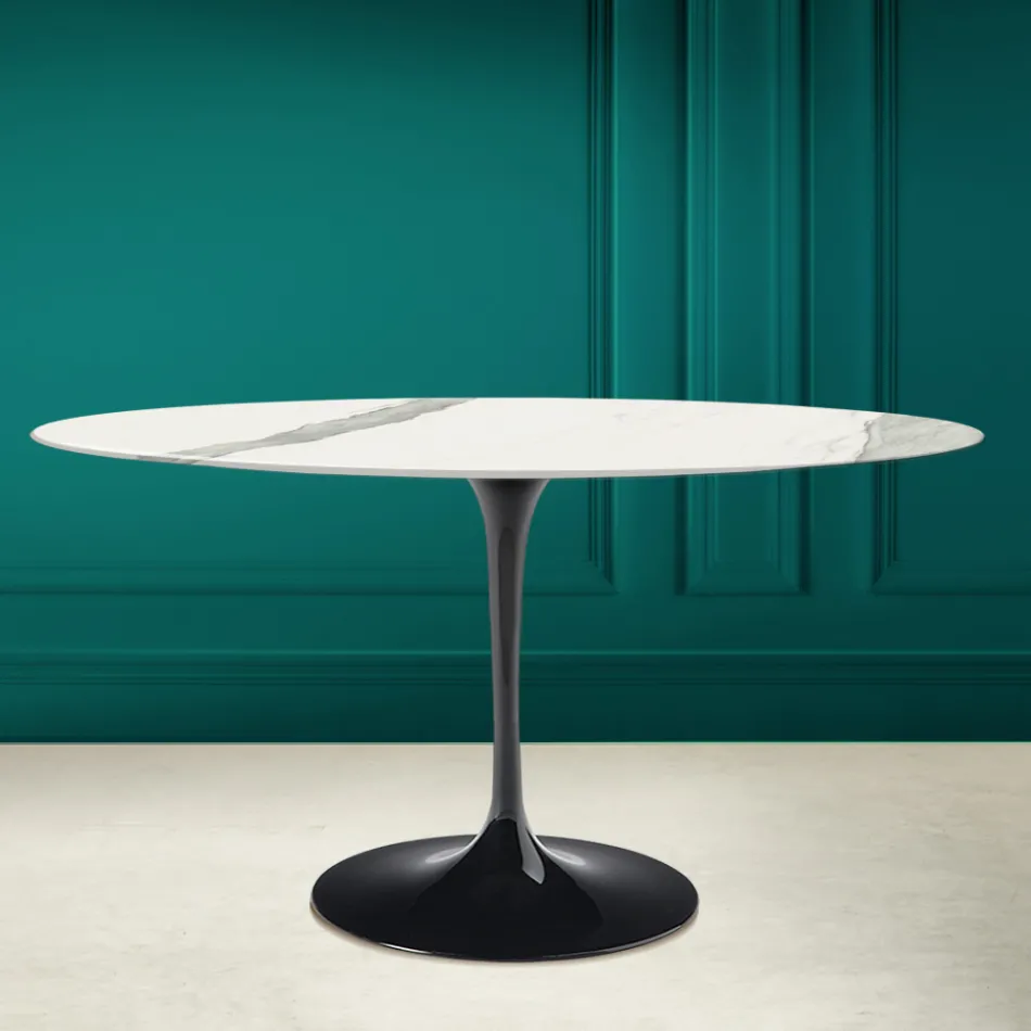 Mesa Tulipa Eero Saarinen H 73 Oval em Cerâmica Statuario Veios Inteiros - Escarlate Viadurini