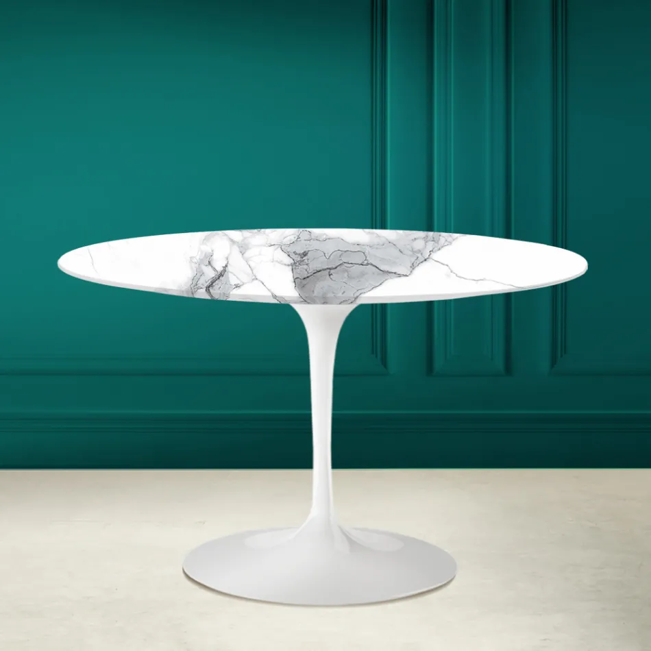 Mesa Tulipa Eero Saarinen H 73 Redonda em Statuario Altissimo Made in Italy - Escarlate Viadurini