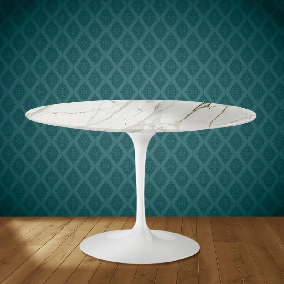 Mesa Tulipa de Eero Saarinen, 188 cm de altura, em cerâmica polida, fabricada na Itália - Vermelho Escarlate Viadurini
