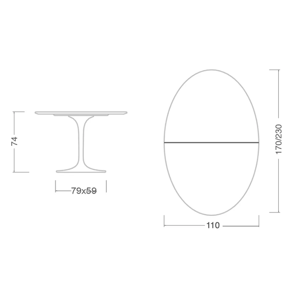 Mesa Eero Saarinen Tulip H 74 Oval Extensível em Laminado Líquido Branco - Escarlate Viadurini