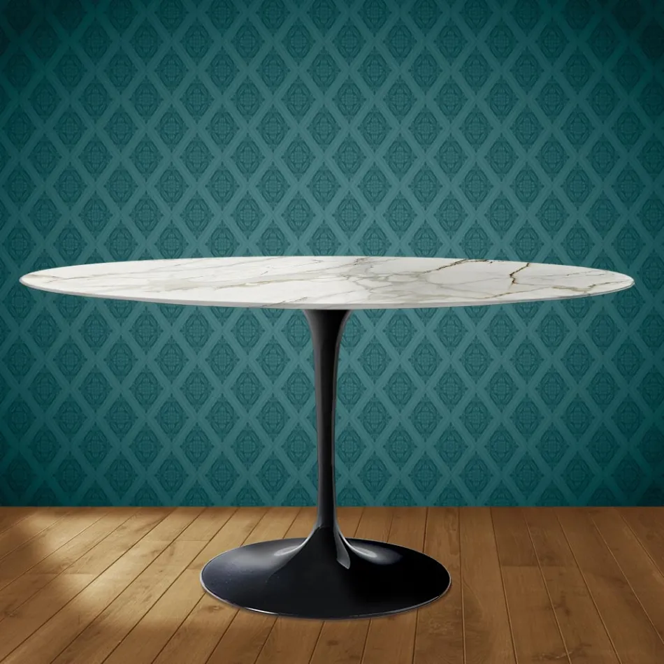 Mesa Tulipa de Eero Saarinen, oval, 74 cm de altura, em cerâmica brilhante, fabricada na Itália - Escarlate Viadurini