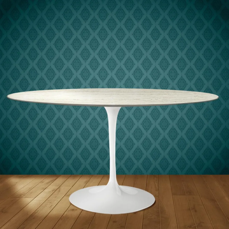 Mesa Tulipa de Eero Saarinen, oval, 74 cm de altura, em cerâmica Marmorio, fabricada na Itália - Escarlate Viadurini