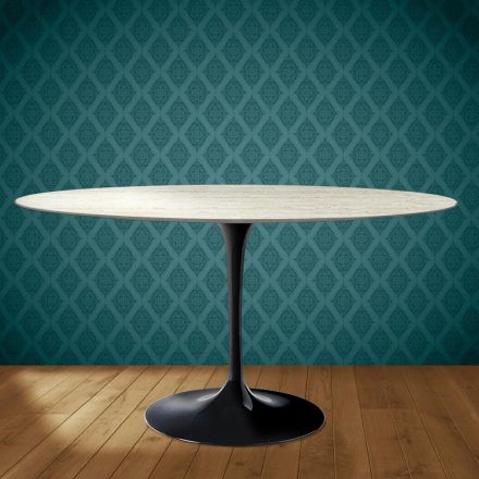 Mesa Tulipa de Eero Saarinen, oval, 74 cm de altura, em cerâmica Marmorio, fabricada na Itália - Escarlate Viadurini