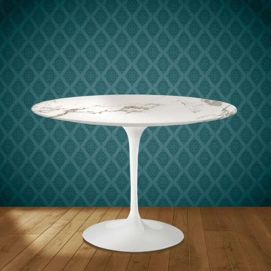 Mesa Tulipa de Eero Saarinen, redonda, 74 cm de altura, em cerâmica Aura 22, fabricada na Itália - cor escarlate Viadurini