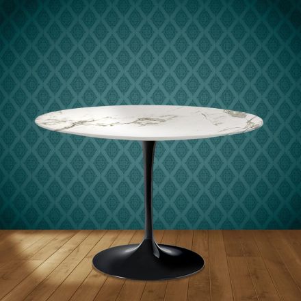 Mesa Tulipa de Eero Saarinen, redonda, 74 cm de altura, em cerâmica Aura 22, fabricada na Itália - cor escarlate Viadurini