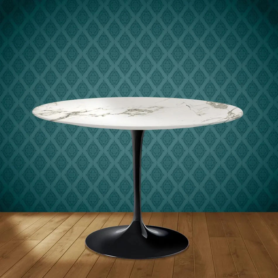 Mesa Tulipa de Eero Saarinen, redonda, 74 cm de altura, em cerâmica Aura 22, fabricada na Itália - cor escarlate Viadurini