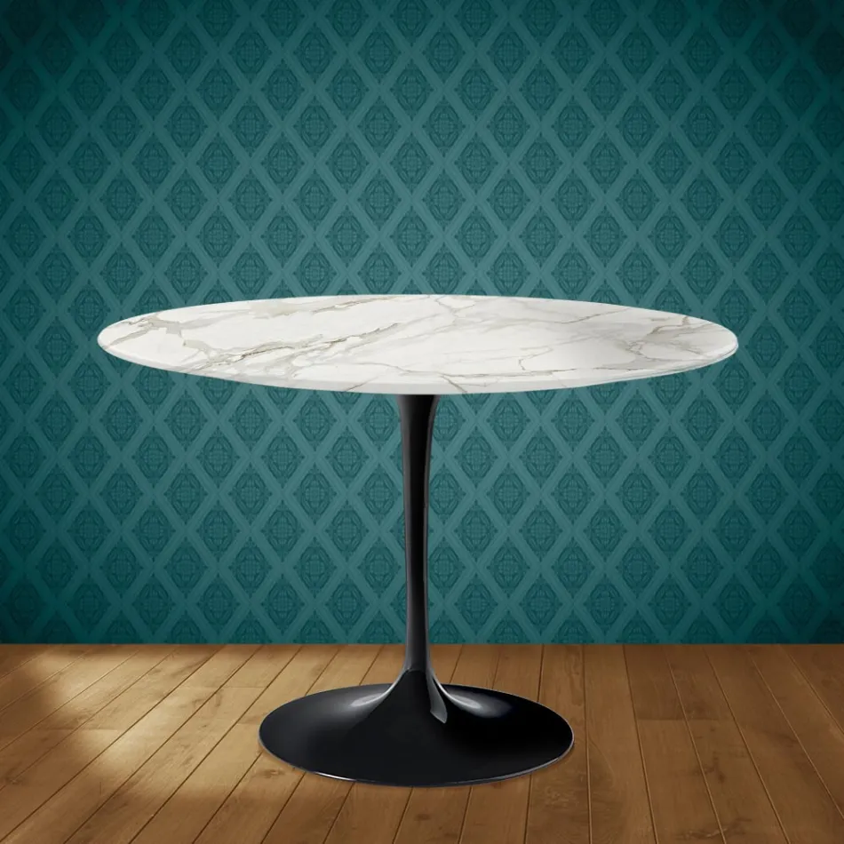 Mesa Tulipa de Eero Saarinen, 74 cm de altura, redonda, em cerâmica brilhante, fabricada na Itália - Escarlate Viadurini