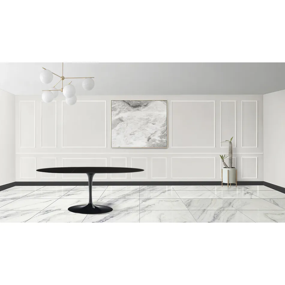 Mesa Tulip Eero Sarinen H 73 Oval Extensível em Laminado Líquido Preto - Escarlate Viadurini