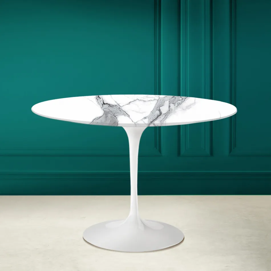 Mesa Tulipa Saarinen H 73 Redonda Cerâmica Statuario Altissimo Made in Italy - Escarlate Viadurini