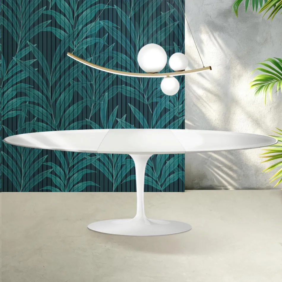 Mesa Saarinen Tulip extensível de 74 cm em cerâmica Florim branca brilhante - Scarlet Viadurini