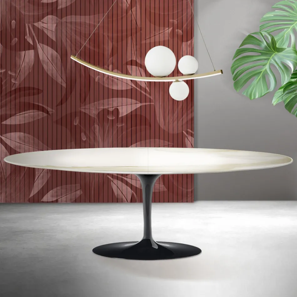 Mesa Saarinen Tulip extensível de 74 cm em cerâmica Florim Calacatta Gold Matt - Scarlet Viadurini