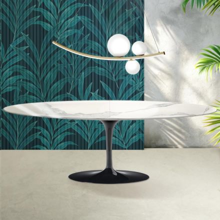 Mesa Saarinen Tulip extensível de 74 cm em cerâmica brilhante Florim Statuario - Scarlet Viadurini