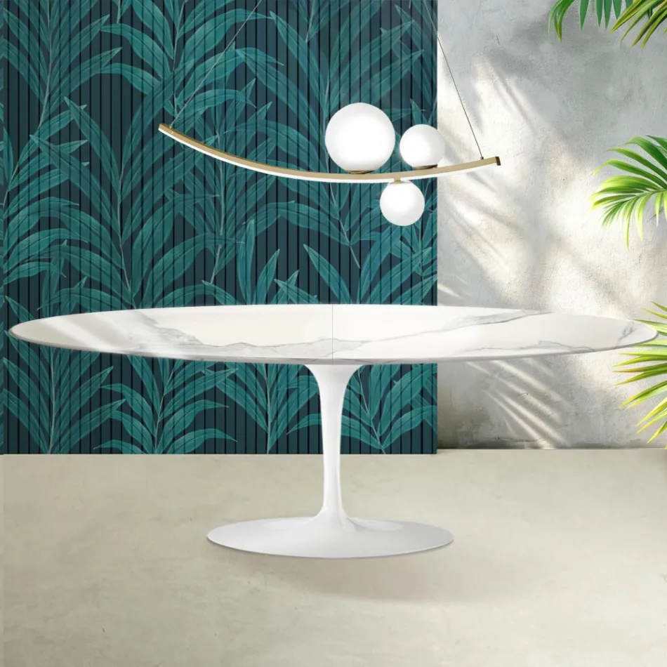 Mesa Saarinen Tulip extensível de 74 cm em cerâmica brilhante Florim Statuario - Scarlet Viadurini