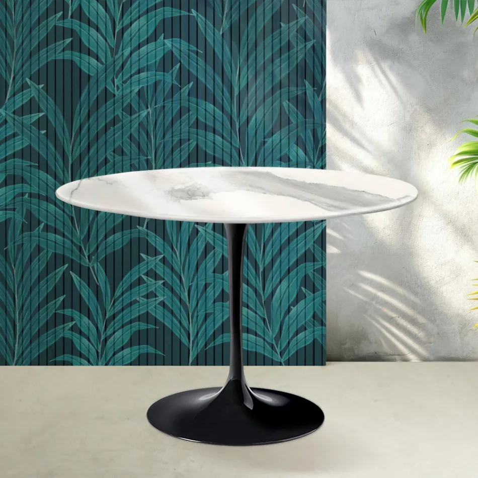 Mesa Tulip Saarinen H 74 cm em cerâmica Florim Statuario Lucido - Scarlet Viadurini