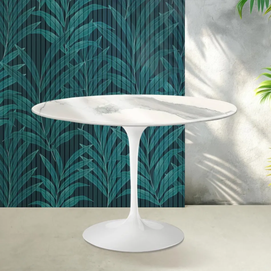 Mesa Tulip Saarinen H 74 cm em cerâmica Florim Statuario Lucido - Scarlet Viadurini