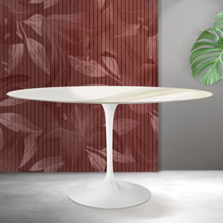 Mesa Saarinen Tulip Redonda de 74 cm de Altura em Cerâmica Florim Calacatta Gold Fosca - Escarlate Viadurini