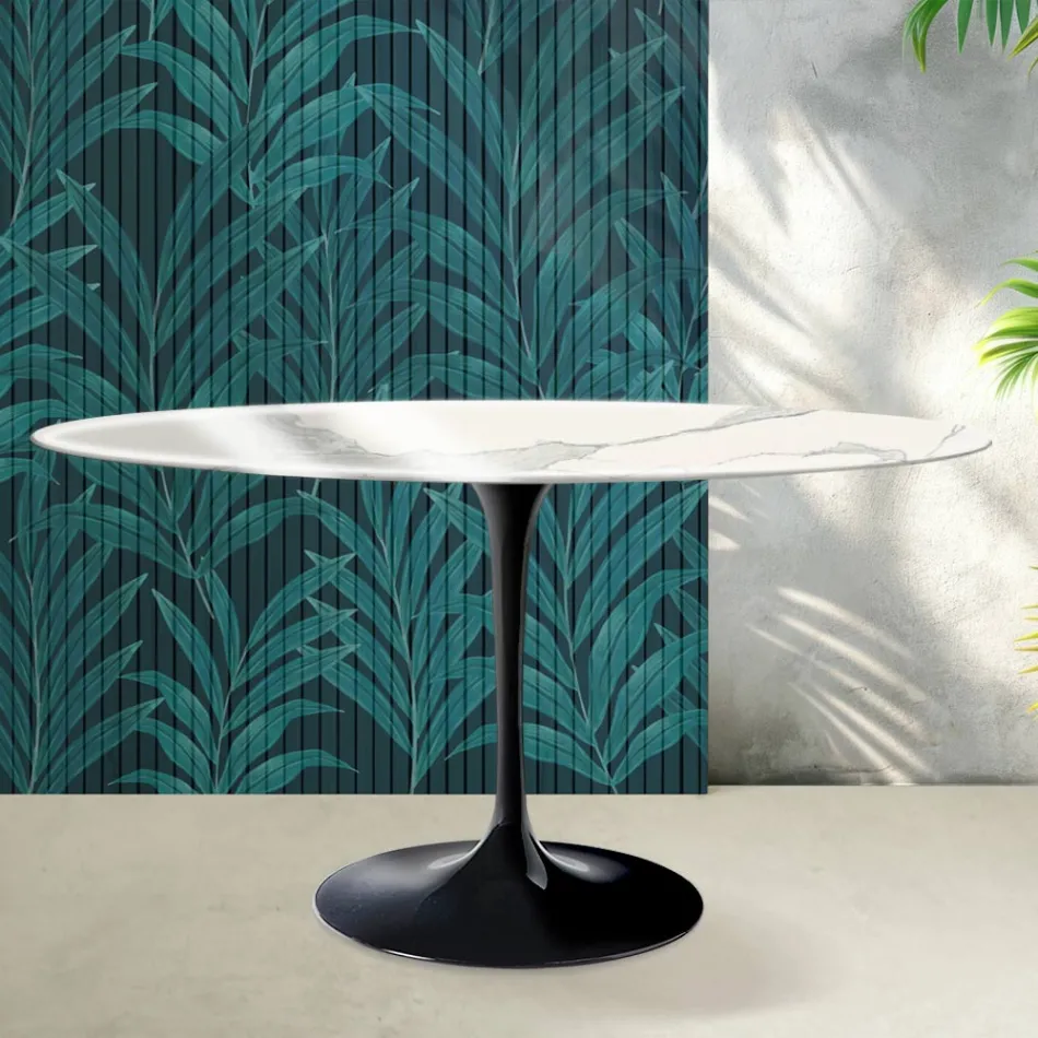 Mesa Saarinen Tulip Redonda 74 cm de Altura em Cerâmica Statuario Florim Brilhante - Escarlate Viadurini
