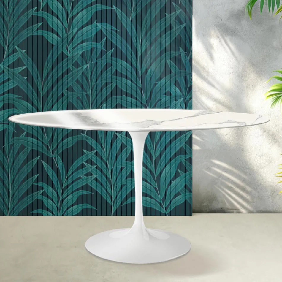 Mesa Saarinen Tulip Redonda 74 cm de Altura em Cerâmica Statuario Florim Brilhante - Escarlate Viadurini