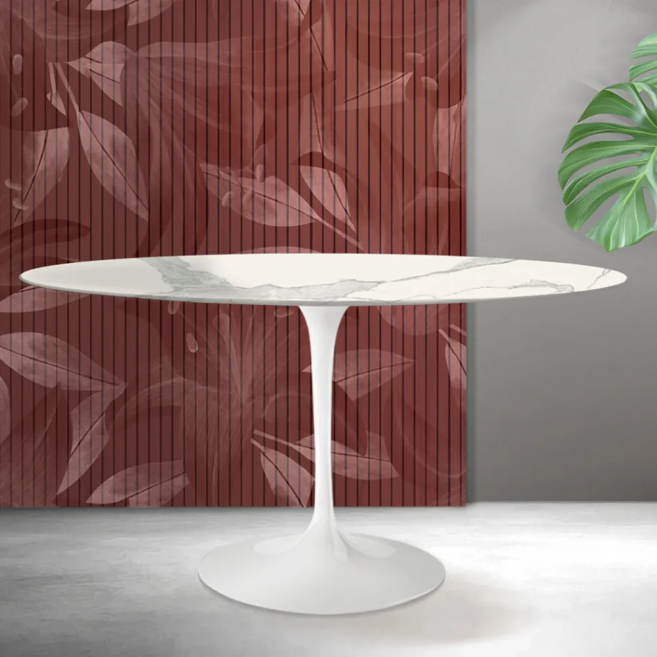 Mesa Saarinen Tulip Redonda de 74 cm de Altura em Cerâmica Fosca Florim Statuario - Escarlate Viadurini