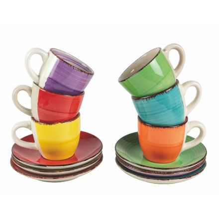 Xícaras de café com pires em grés colorido pintado à mão 12 unidades - Abruzzo Viadurini