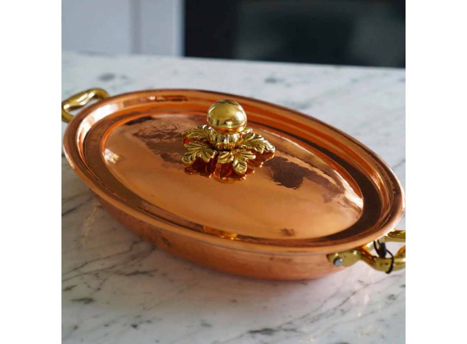 Panela de design oval de cobre estanhado à mão com tampa 27x20 cm - Mariachiara Viadurini