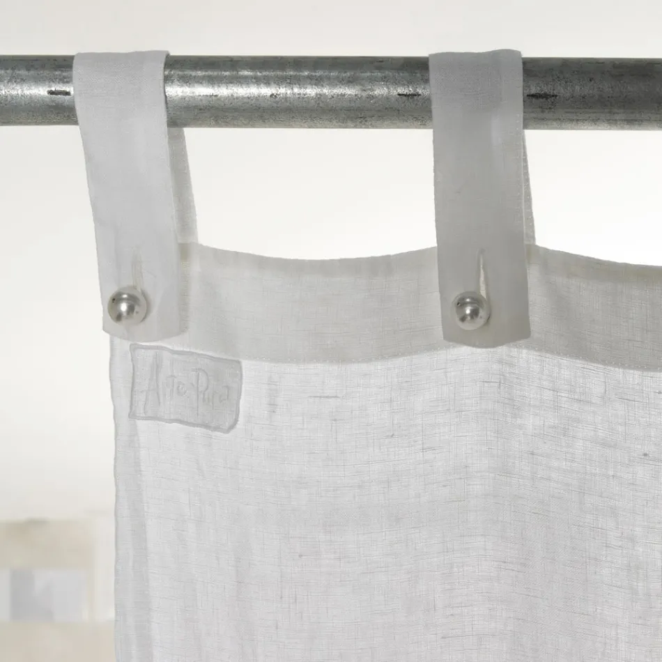 Cortina de linho branco e claro com elegante desenho de renda central - Geogeo Viadurini