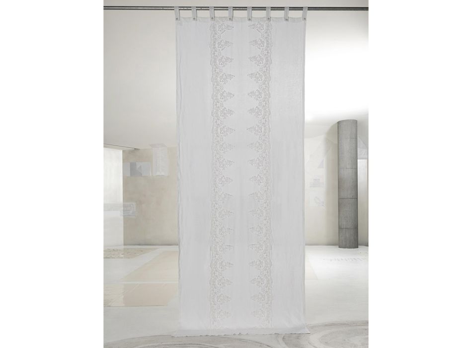 Cortina de linho branco e claro com elegante desenho de renda central - Geogeo Viadurini