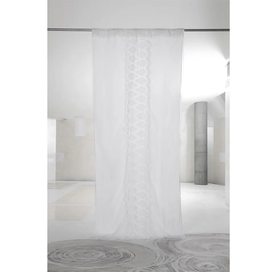 Cortina italiana luxuosa de linho claro com organza e bordado branco - Marinella Viadurini