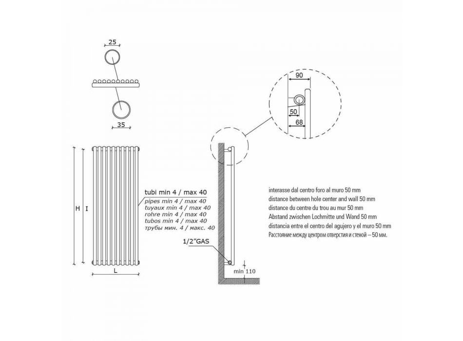Radiador de parede vertical em aço Design moderno 1017 watts - Zigolo Viadurini