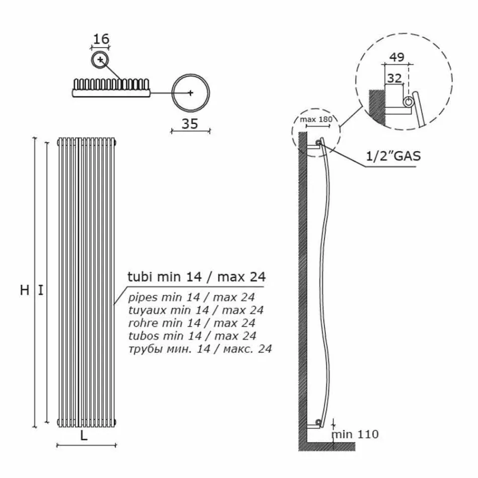 Radiador de banheiro vertical design moderno ondulado 1181 watts - Tucano Viadurini