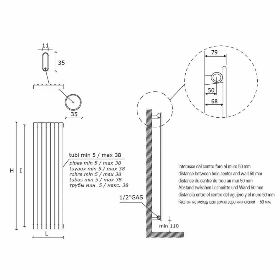 Radiador Hidráulico de Parede de Design Moderno de até 1224 Watt - Regolo Viadurini