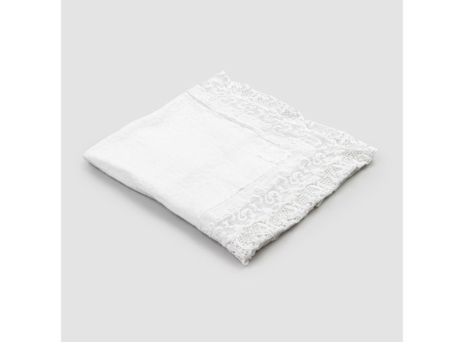 Toalha de Mesa Quadrada de Linho com Renda Branca Design Luxo Fabricado na Itália - Olivia Viadurini