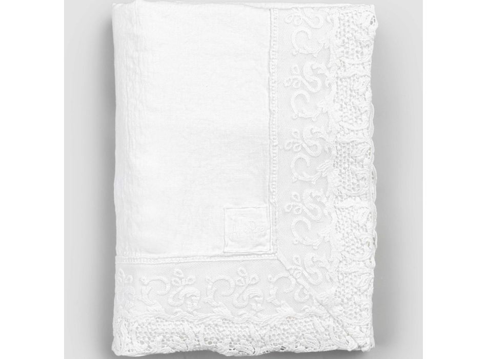 Toalha de mesa retangular luxuosa de linho branco com moldura ou renda - Davinci Viadurini