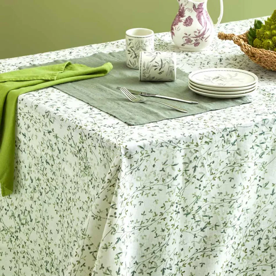 Toalha de Mesa de Linho Estampada com Delicada Fantasia Vegetal Fabricada na Itália - Veludo Viadurini