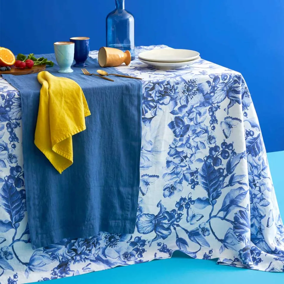 Toalha de mesa de linho estampada e lavável com um exuberante desenho floral - Caress Viadurini