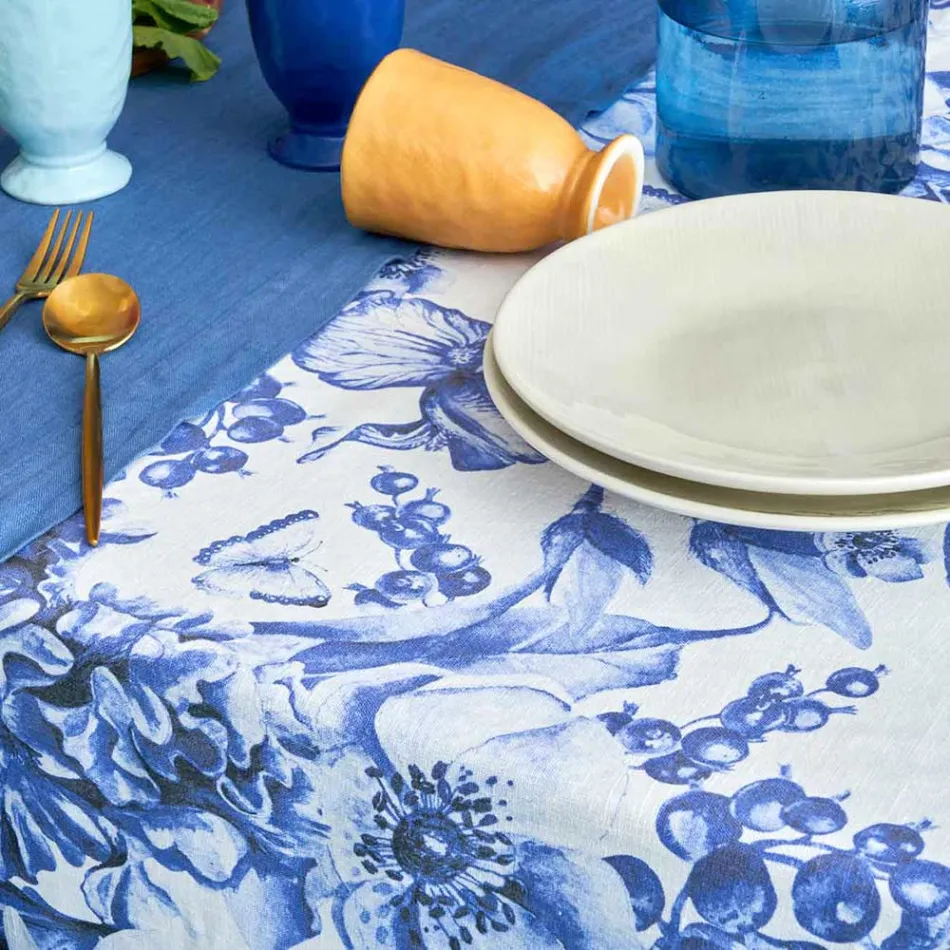 Toalha de mesa de linho estampada e lavável com um exuberante desenho floral - Caress Viadurini