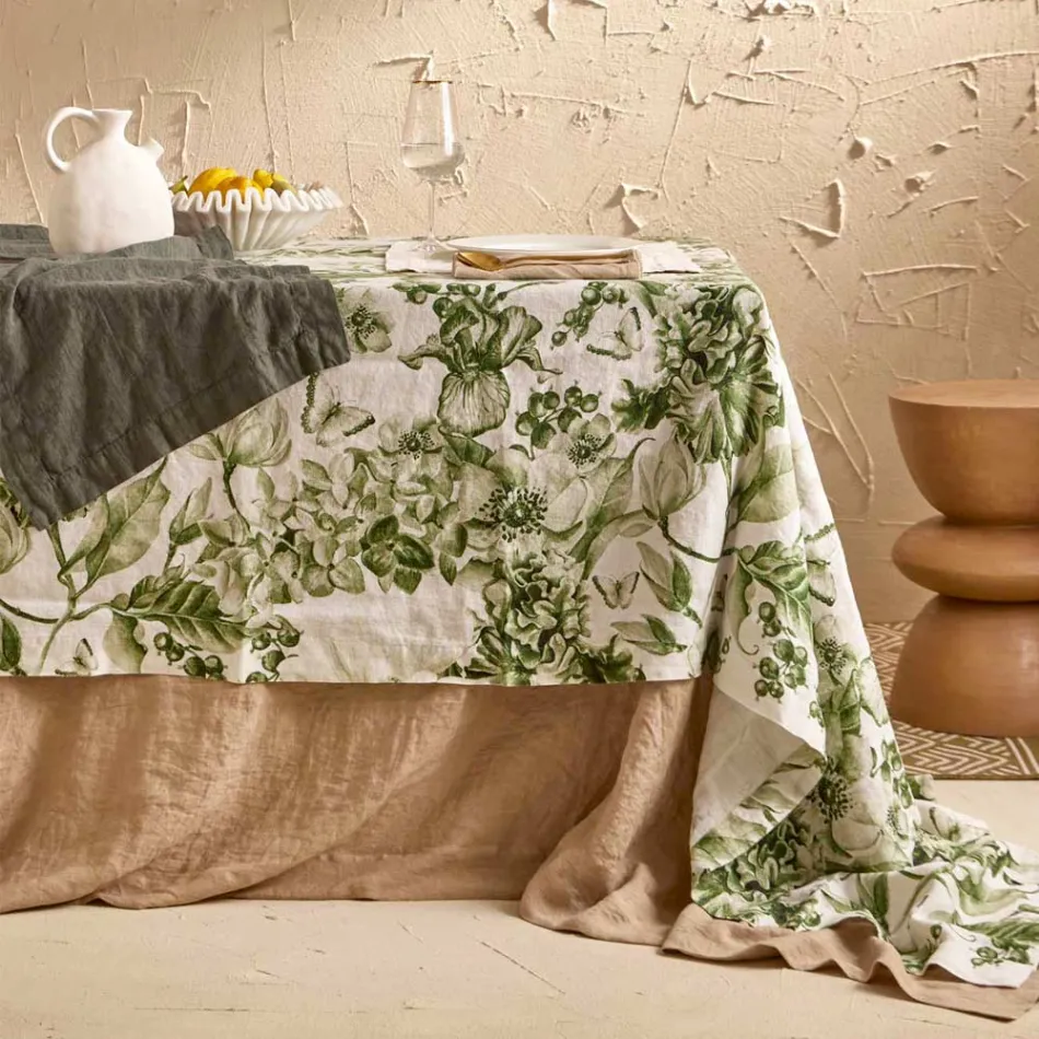 Toalha de mesa de linho estampada e lavável com um exuberante desenho floral - Caress Viadurini