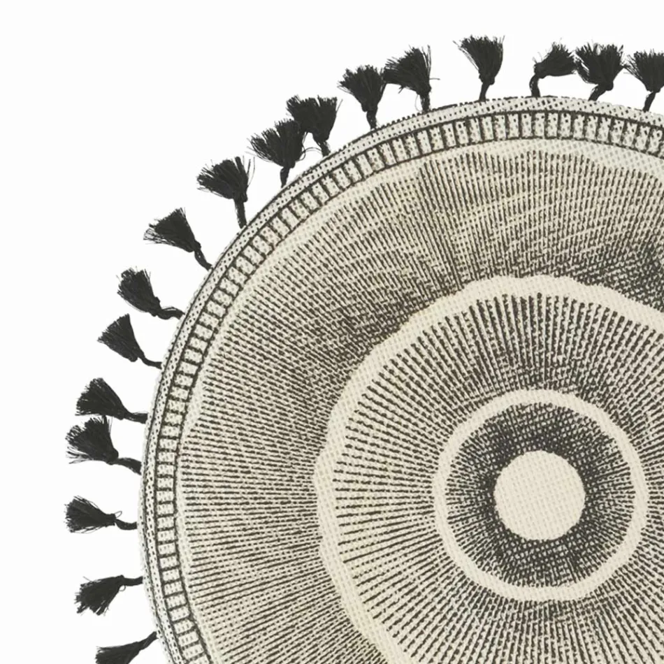 Mesa redonda para café da manhã em juta com franjas pretas 12 peças - Casside Viadurini