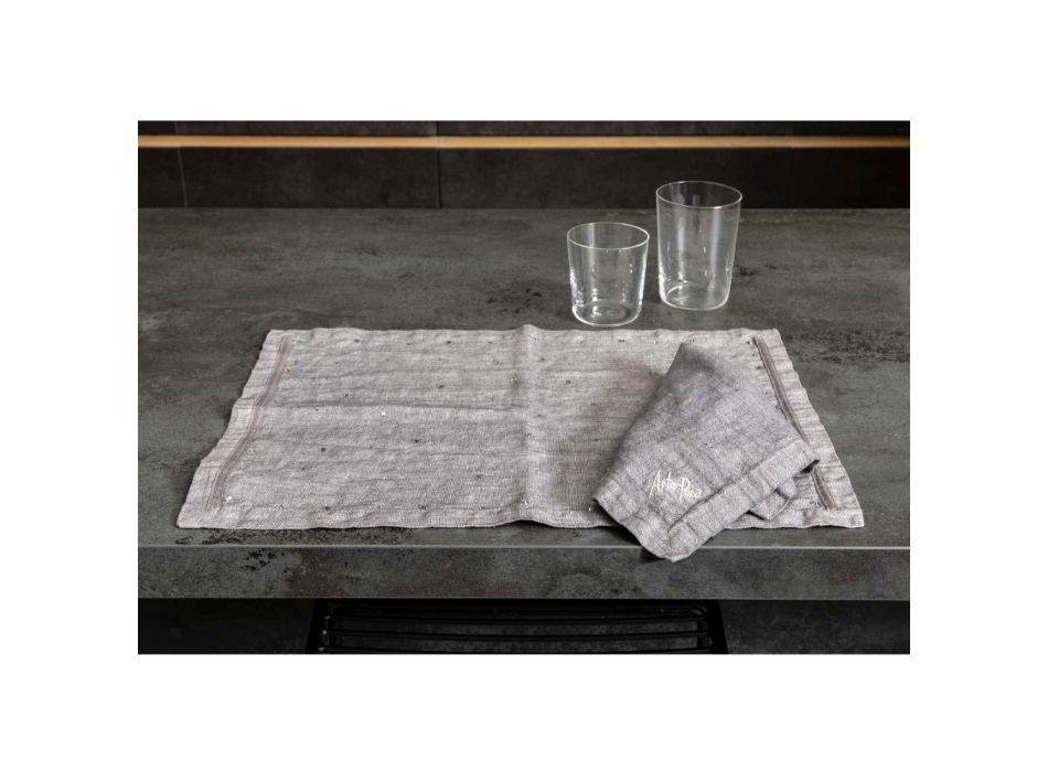 American Breakfast Placemats em Grey Linen with Crystals 2 Pieces - Macanno