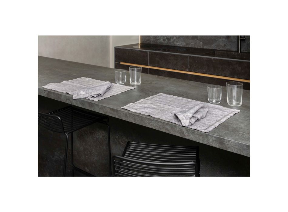 American Breakfast Placemats em Grey Linen with Crystals 2 Pieces - Macanno Viadurini