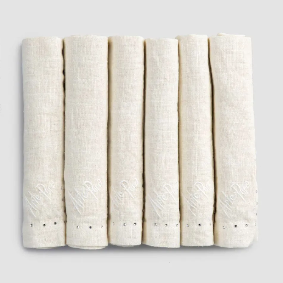 Guardanapos de Linho com Cristais Pretos ou Manteiga, 6 Peças Luxo Italiano - Prezio Viadurini