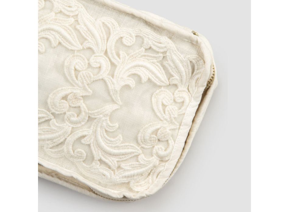 Bolsa cosmética média de linho e algodão com renda Farnese e zíper - Mike Viadurini