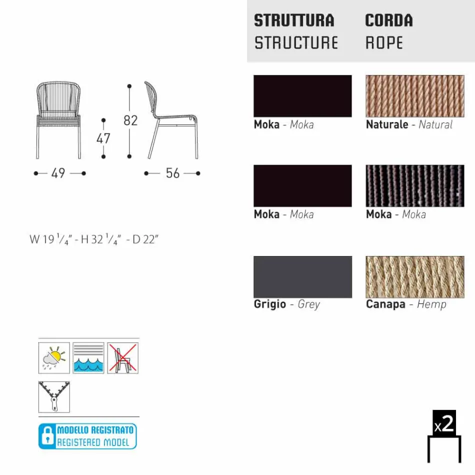 Varaschin Cricket cadeira ao ar livre contemporânea tecidos à mão, 2 pcs Viadurini